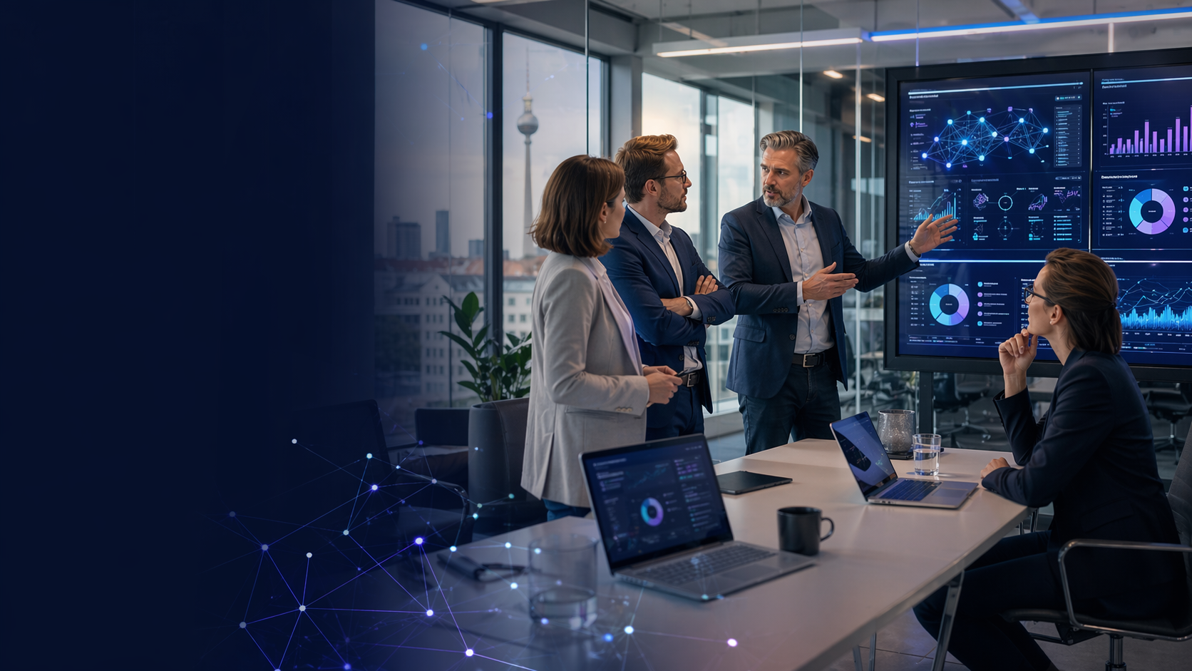 Deutsches Unternehmensteam bewertet KI-Tools und Governance-Dashboards.